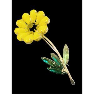 Albert Weiss Vintage Yellow Flower Rhinestone Brooch With Green Leaf Accents Gol